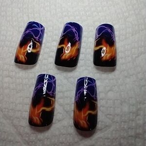 Press on nails lightning flame fire purple orange black nail set